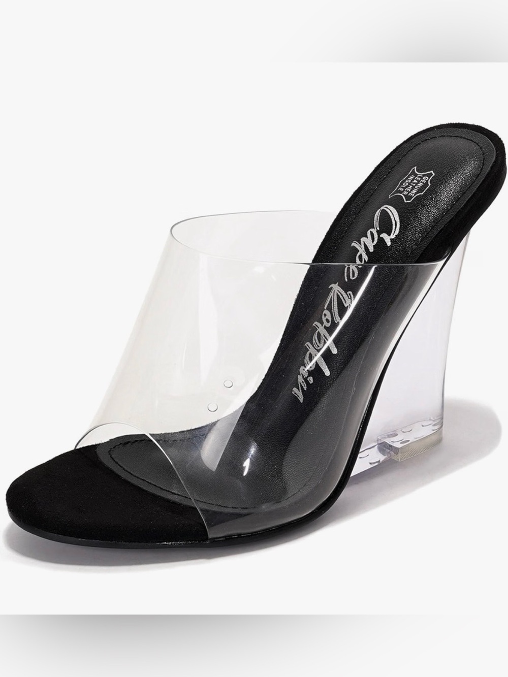 Cape Robbin Black and Clear women’s Wedge 4 inch open toe  Slide